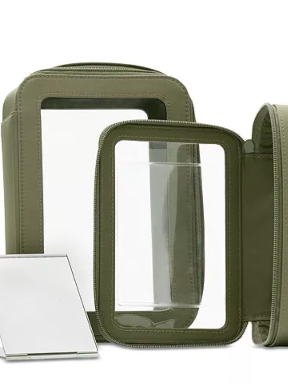 BEIS Olive Green Clear Window Travel Cosmetic Bag Set